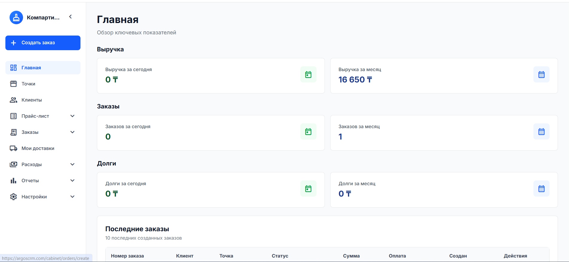 Программа для прачечной ArgosCRM — дашборд с заказами и клиентами